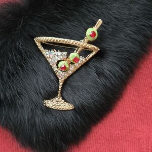 🍸It's Martini Time! Retro Gold Rhinetone Cocktail Novelty Brooch NEW O/S